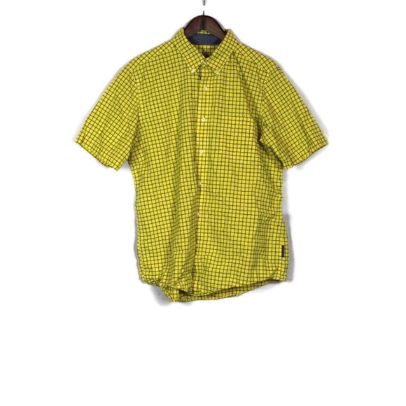 Chaps Yellow Black Check Men's Dress Shirt Short Sleeve Button Down Large 014 - Picture 1 of 6